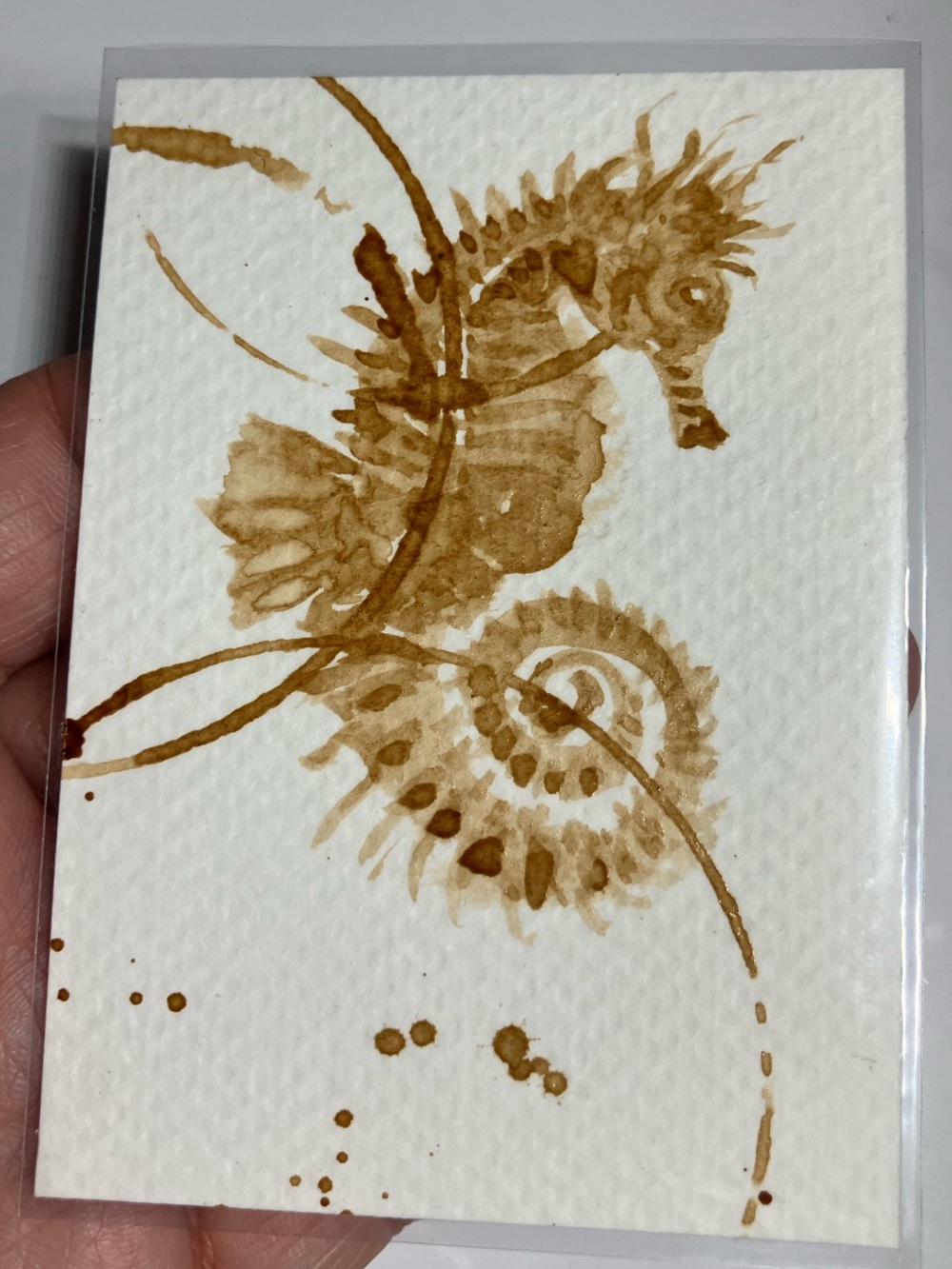 Aceo original seahorse coffee painting act Java gift or treat yourself miniature
